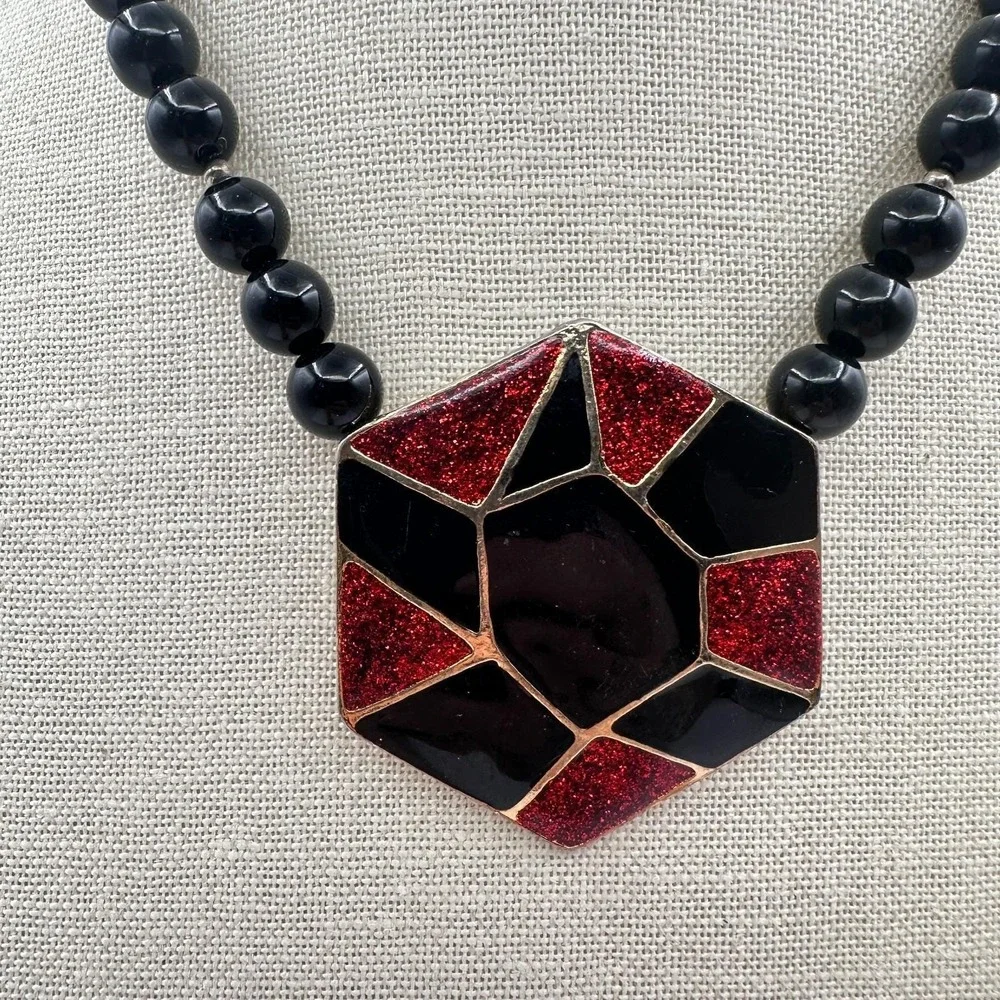 Vintage 80s‎ Hexagon Statement Necklace Black Red Glitter Enamel Fashion Jewelry